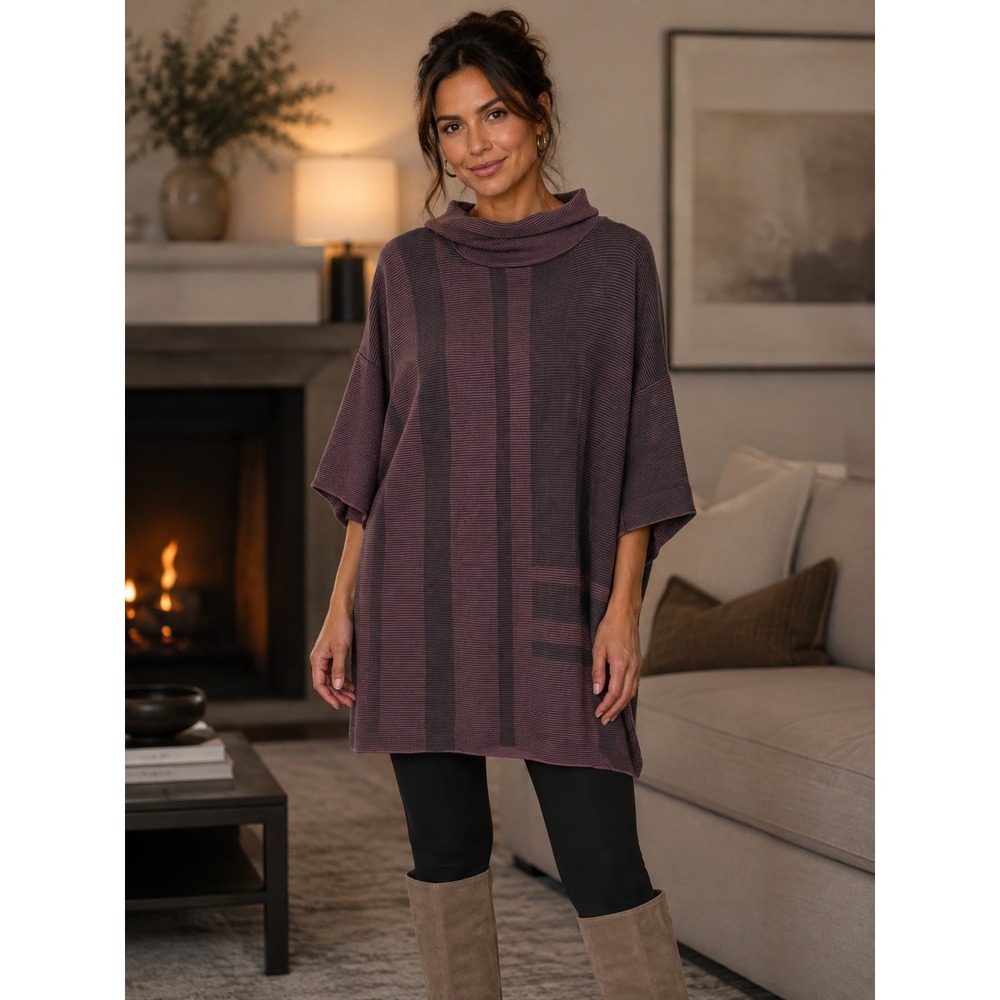 Ming Wang Womens Plum Black Striped Cowl Neck Knit Tunic Top L/XL